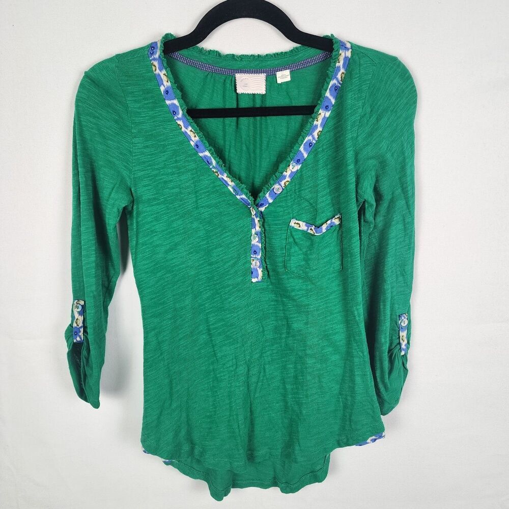Anthropologie Postmark Fleur Trimmed Henley Green‎ Size Extra Small 2000s Y2K